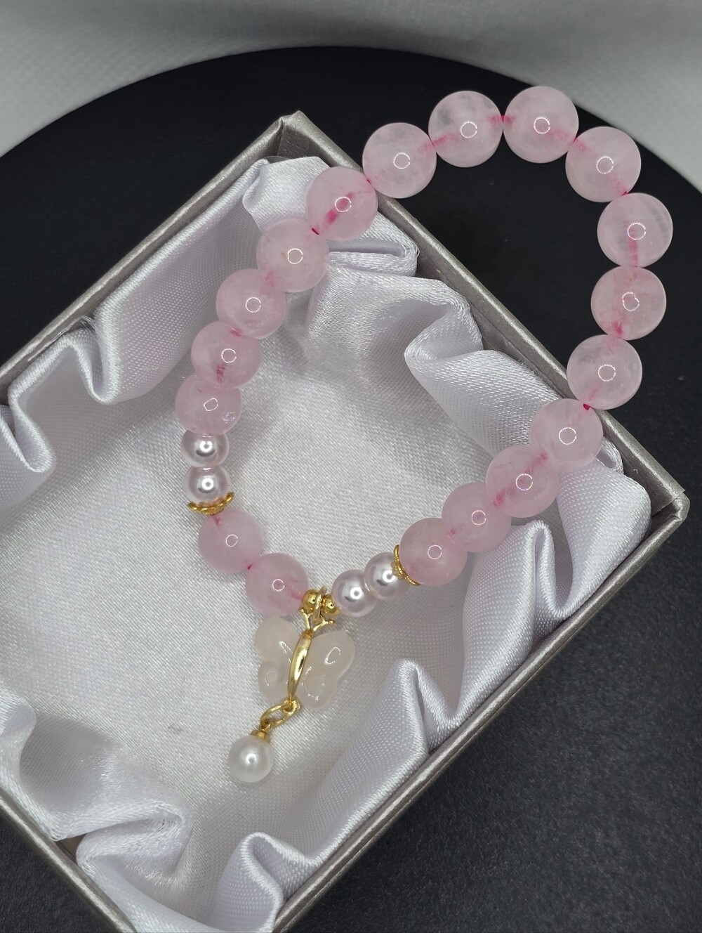 Galilea Rose Quartz 65.00 ctw and Glass Pearl Beaded Stretch Bracelet with Butte